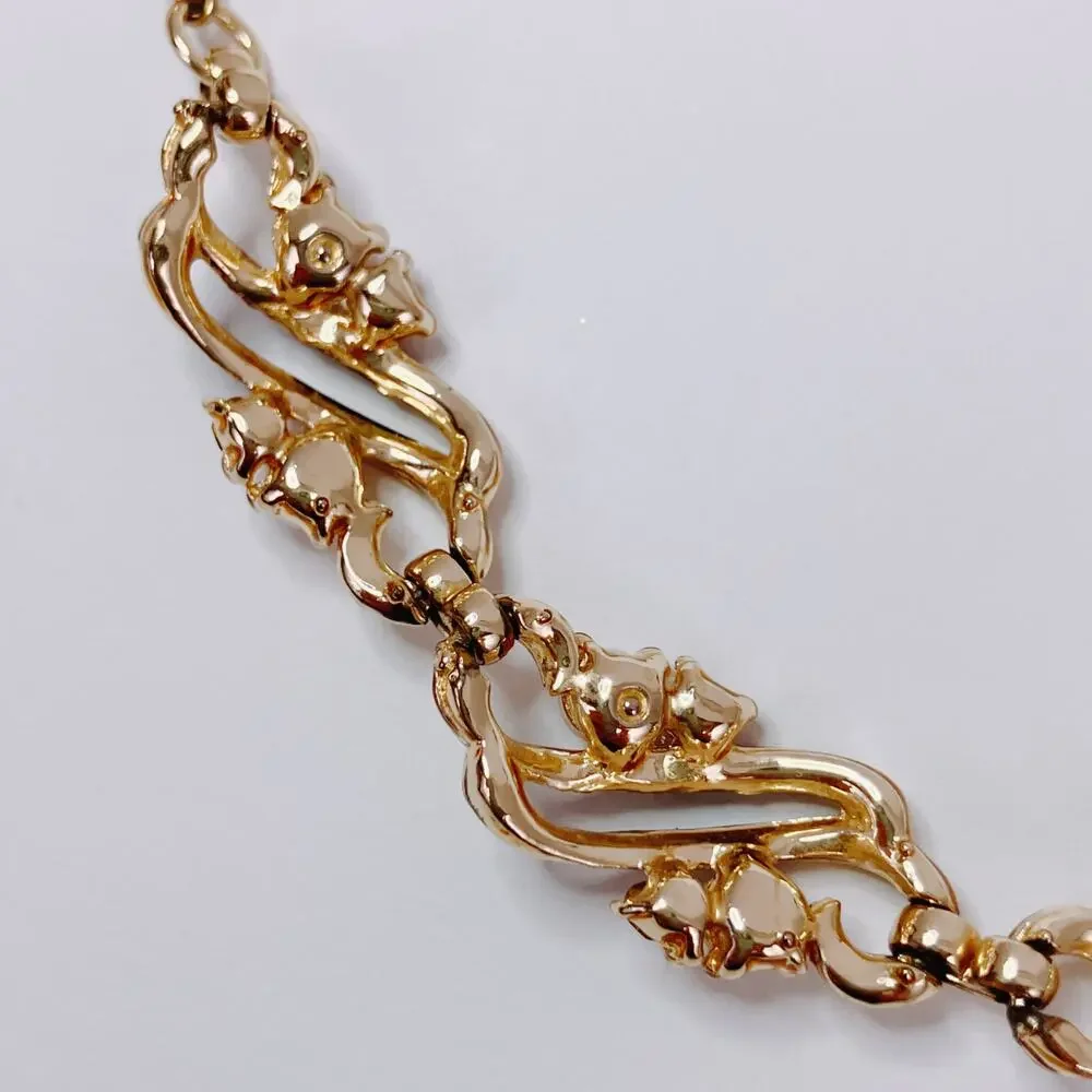 Vintage 50s Gold Tone Black Enamel Faux Pearl Rhinestone Link Choker Necklace